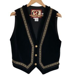 VTG Christian Linares Womens Black Velvet Gold Button Front Vest Size Medium
